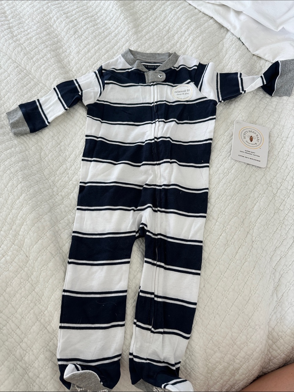 Burt's Bees Baby 6-9M Navy & White Rugby Stripe One-Piece